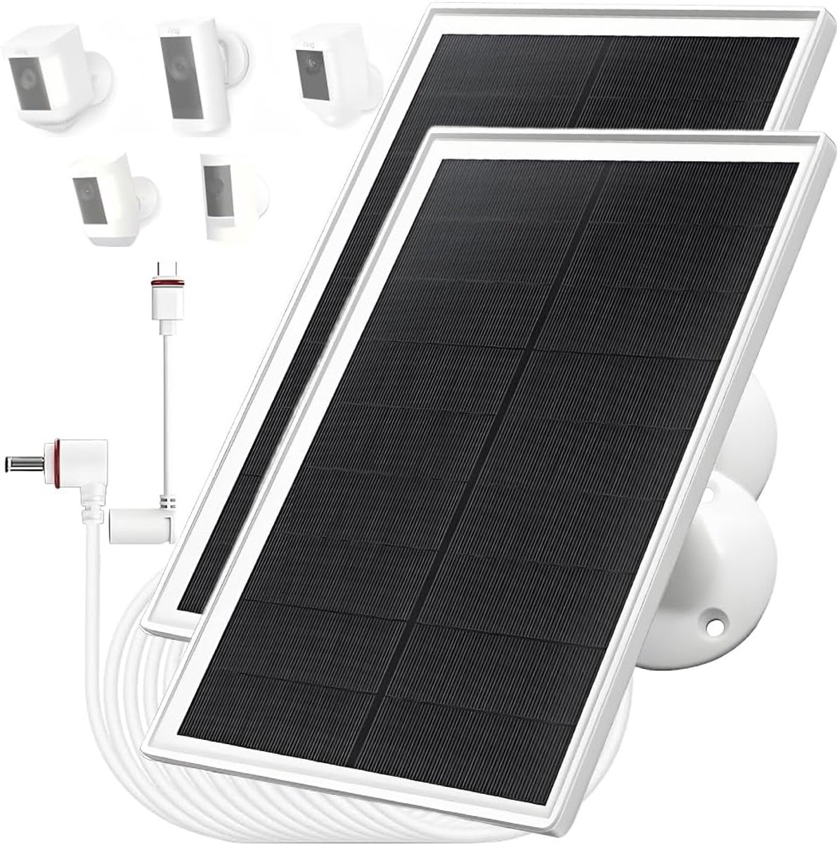 10W/5V 2-pack zonnepaneel oplader met twee connectoren DC3,5x1,35 en USB-C, 9,8ft/3 m oplaadkabel, IP65,compatibel met Ring Spotlight Cam Plus/Pro,Stick Up Cam batterij 2e/3e generatie