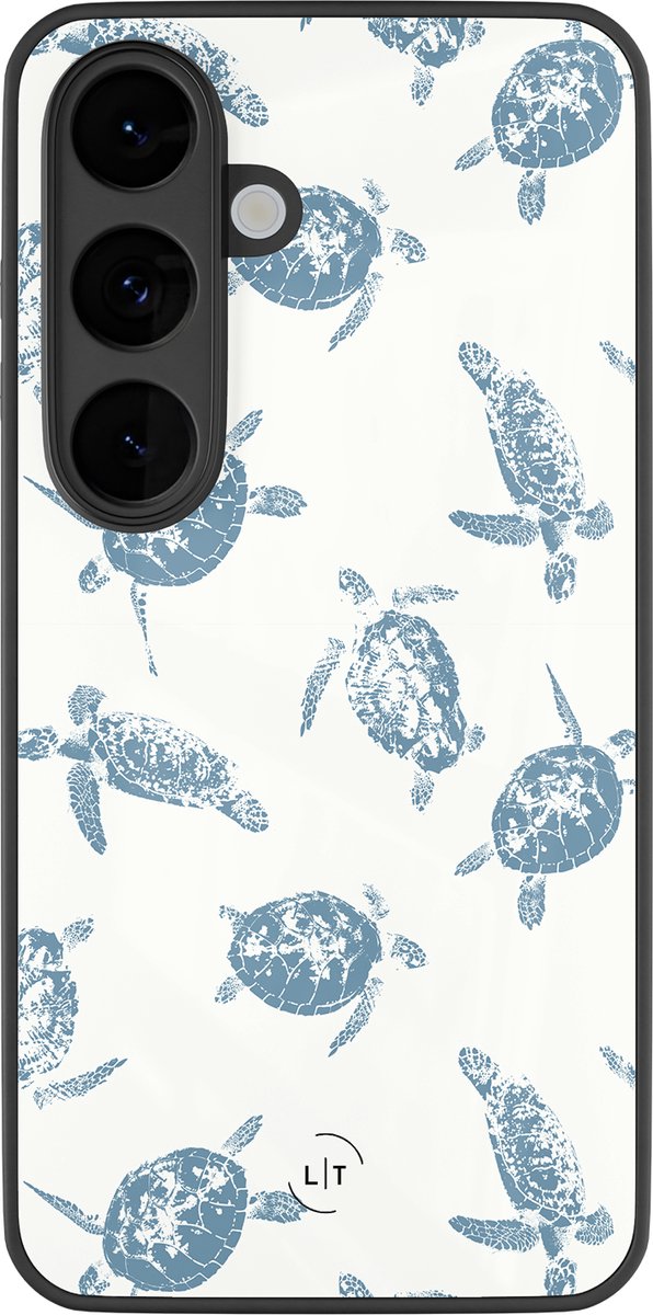 Hoesje geschikt voor Samsung Galaxy S26 - Sea turtles - Luxe Glazen Hardcase - Print / Illustratie - Blauw