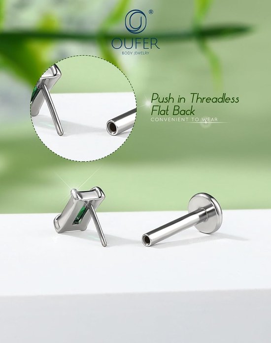 16G Sieraden Helix Zonder Draad Chirurgisch Staal 316L Oorpiercing Kraakbeen Transparant/Groen Rechthoek CZ Oorbel Tragus Lip Stud voor Vrouwen 6/8 mm — afbeelding 2