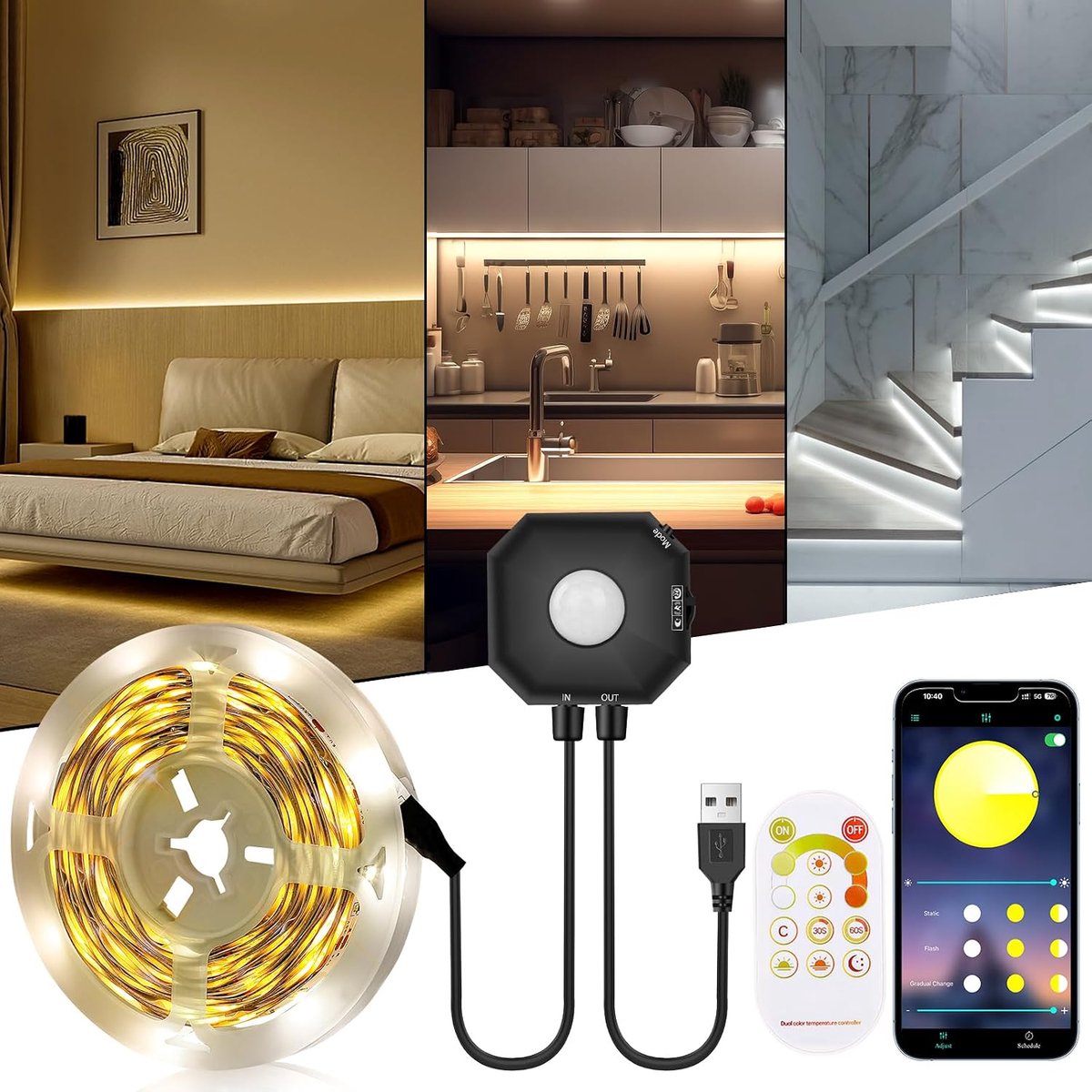 Ledstrip met bewegingsmelder, 5 m, dimbaar, 3000 K-6000 K, ledstrip met RF-afstandsbediening en app, naafdetectiemodus, PIR-bewegingsdetectie, continue lichtmodus, USB-flexibel led-nachtlampje voor