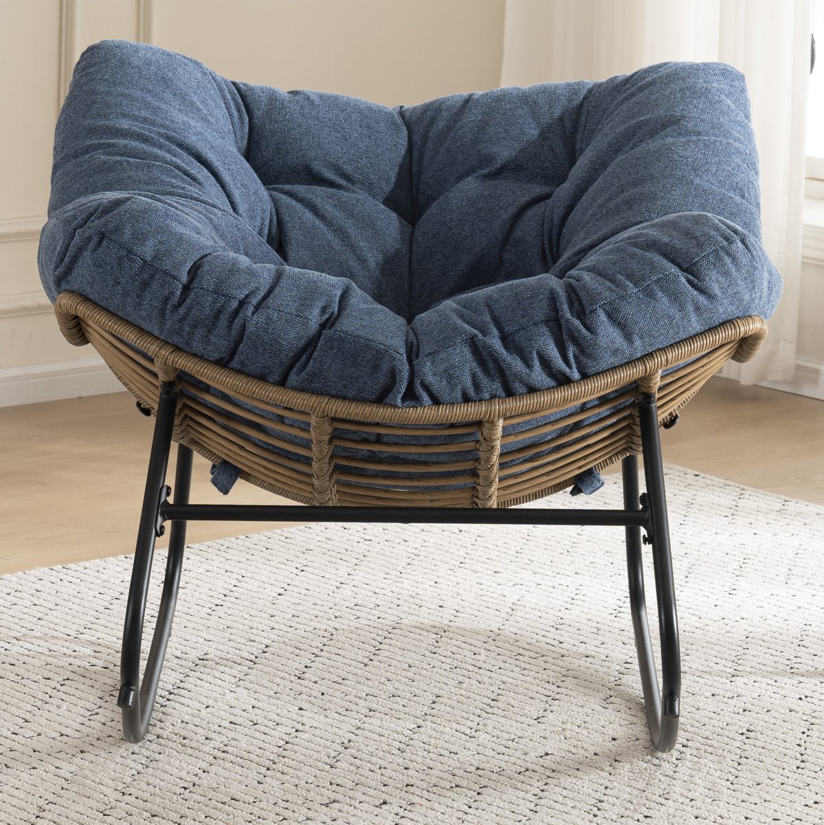 MODENUIT Schommelstoel - Gewatteerde Fauteuil - Voor Woonkamer En Slaapkamer - Metaal - Blauw