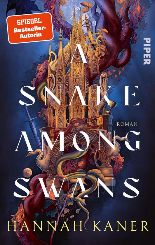 Boekomslag met gouden, sierlijk gebouw, omringd door slangen en bladeren. Titel: 'A Snake Among Swans'.