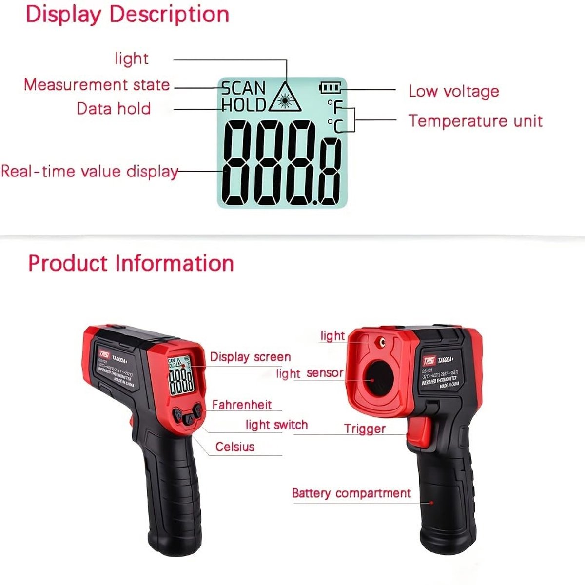 Infrarood Thermometer Met Vleesthermometer - Digitaal Contactloos - Bereik -32 tot 400°C - Voor Keuken en Grillen