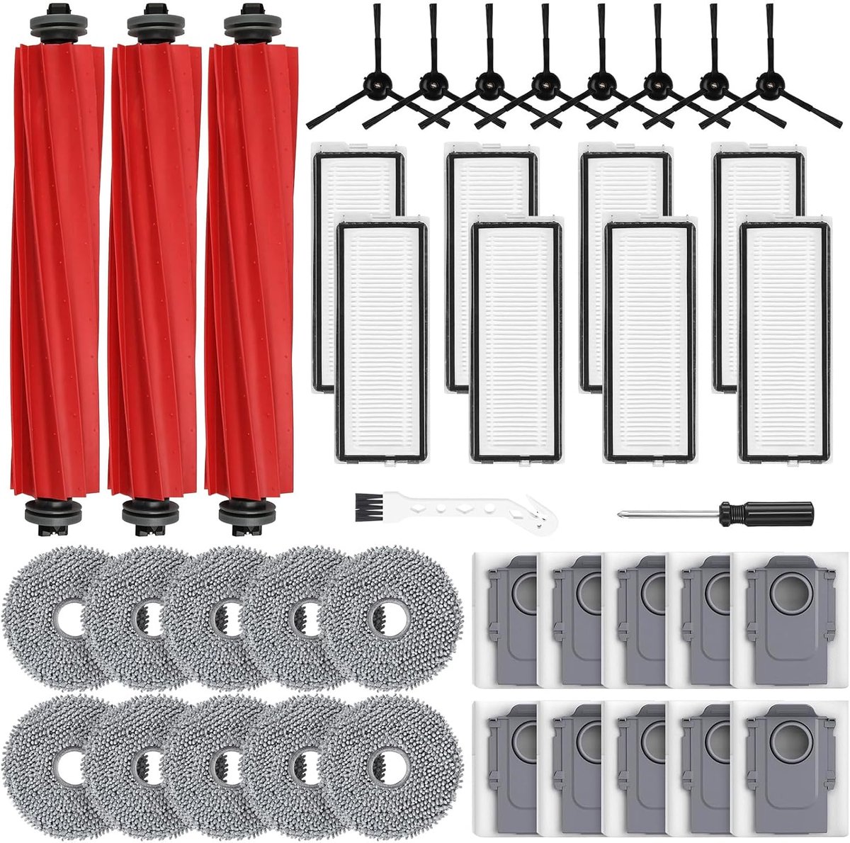 41 stuks accessoires voor Roborock Qrevo Pro/Qrevo S/MaxV robotstofzuiger | 3 hoofdborstels, 10 stofzakken, 10 doekjes, 8 filters, 8 zijborstels, 1 reinigingsborstel, 1 schroevendraaier