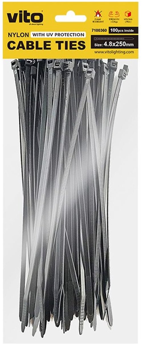 VITO Kabelbinder 4.8x250mm - Zwart - Met UV-bescherming -sfolie - 100 stuks in blisterverpakking Kunststof Kabelklem - Kabelbinder - Tieraps