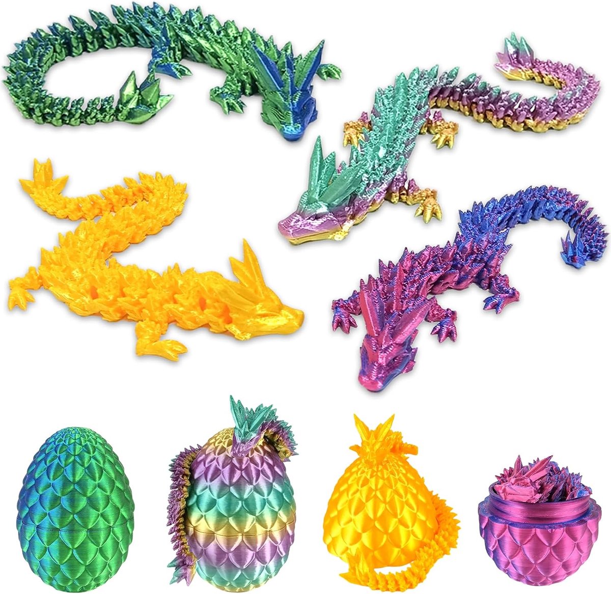 3D-bedrukt drakenei, 4 stuks kristallen draken, volledig beweegbaar, met paaseieren, verrassing, eieren, flexibele gewrichten, actiefiguren van de mysterieuze draak Dragon Egg