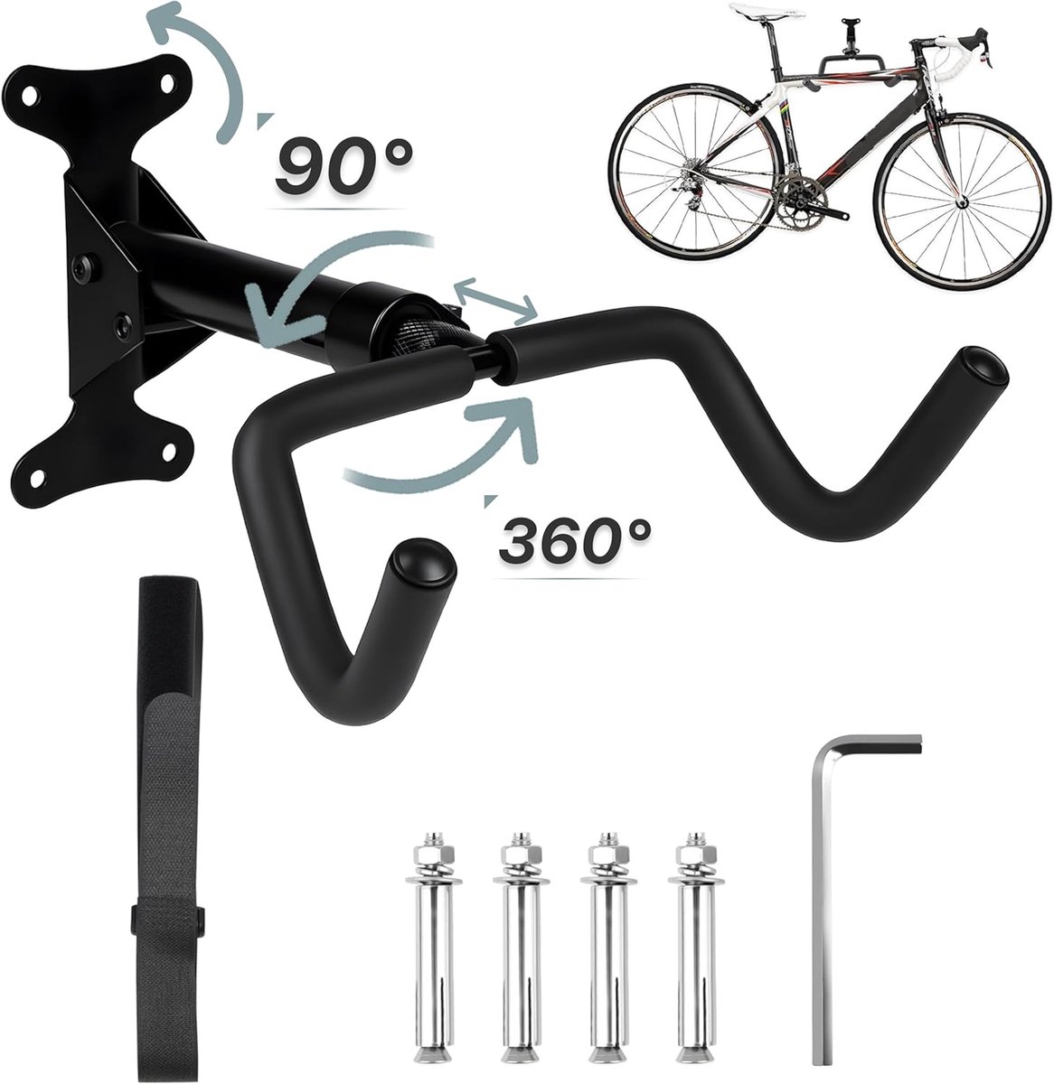 SnelShoppen - Fiets Wandbeugel - Wandbeugel voor Fietsen, 360° Draaibaar en Uittrekbaar, Vouwbaar tot 90°, 8mm Dikke EVA Schuim Bescherming, Geschikt