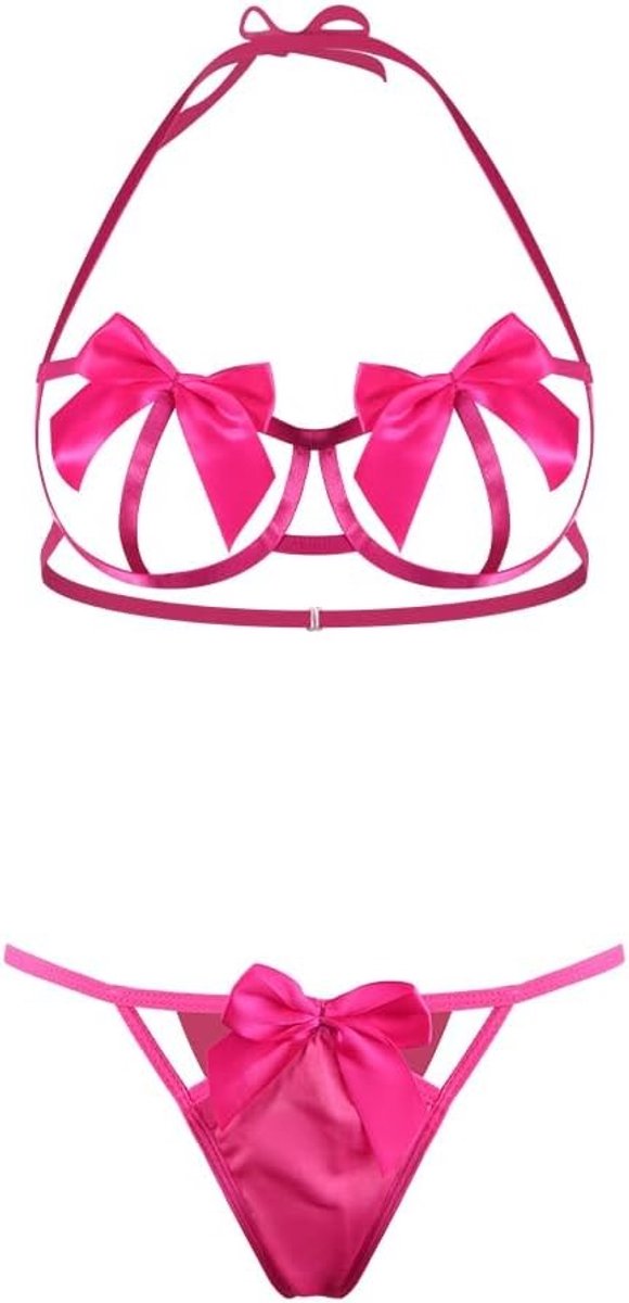 Lingerieset voor dames met sexy kant en geborduurde details, 2-delig met beha en kousenhouder, Roze, Eén maat