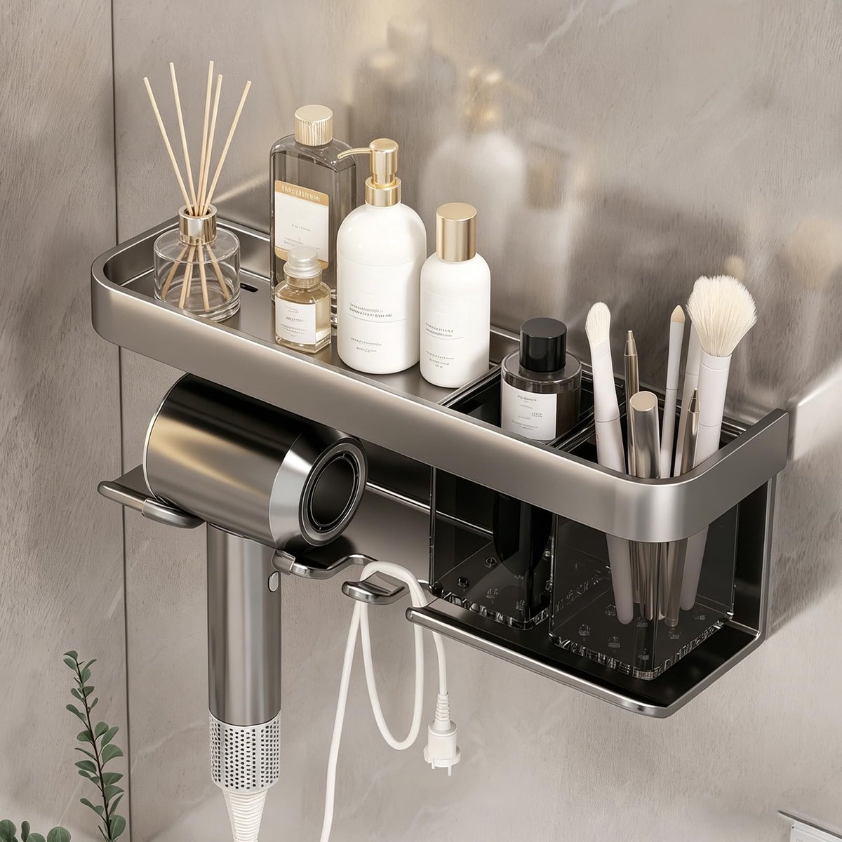 Omgoods- Haardrogerhouder wandgemonteerd zonder boren - Fohnhouder - Opbergdoos - Badkameraccessoires - Hoogwaardig aluminium - Eenvoudig te reinigen - Föhnhouder