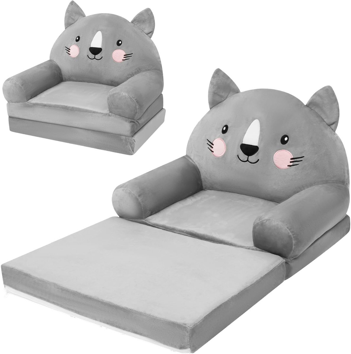 Omgoods - 2-in-1 Opvouwbare Kindersofa - Kinderstoel met Slaapfunctie - Kat Grijs