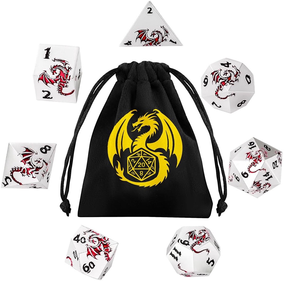 Omgoods - Set van 7 Metalen D&D Dobbelstenen met Drakenpatroon
