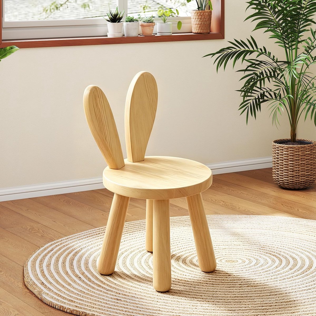 Omgoods - Kinderstoel van Massief Hout - Met Rugleuning en Konijnenoren, 45 x 26 cm