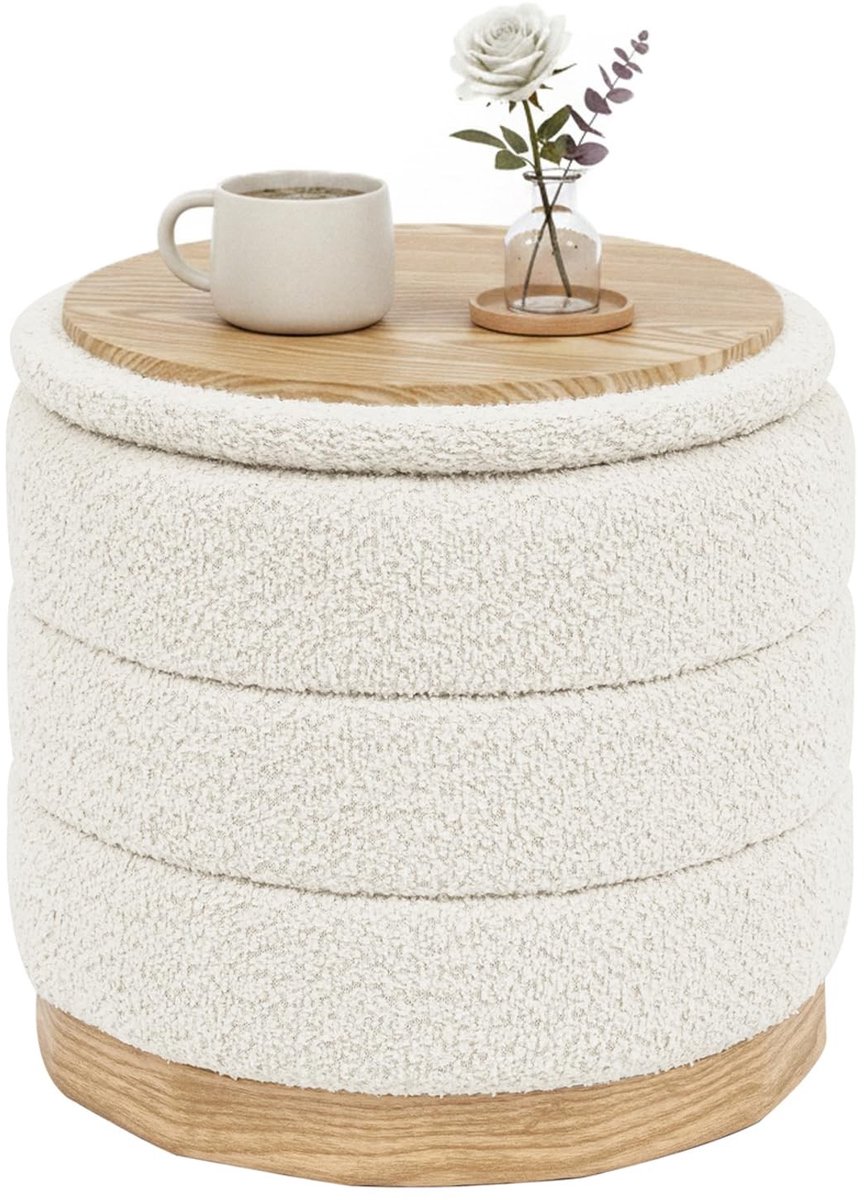 Omgoods - Bonlife Opvouwbare Zitting met Opbergruimte - Rond, Chenille, Wit, 39 x 39 x 37 cm
