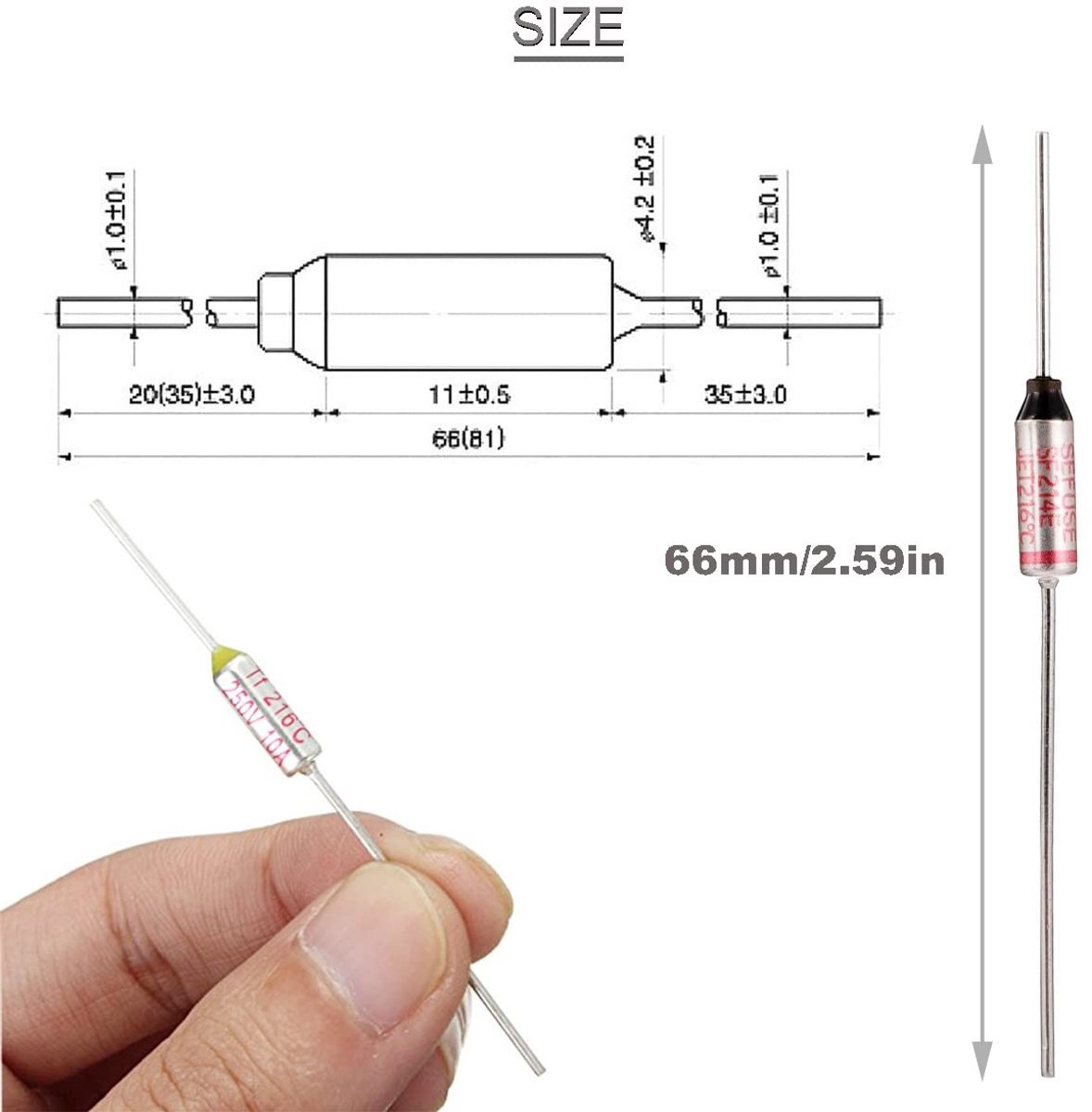 10 Stuks 216℃ Metalen Thermische Smeltveiligheid 10A 250V met Crimpklem en Siliconeschacht voor Huishoudelijke Apparaten en Elektronica