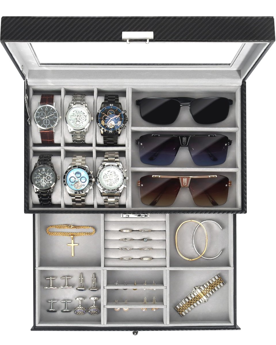 Omgoods - Horloge-sieradendoos met Glazen Deksel, 6 Sleuven en 2 Lagen