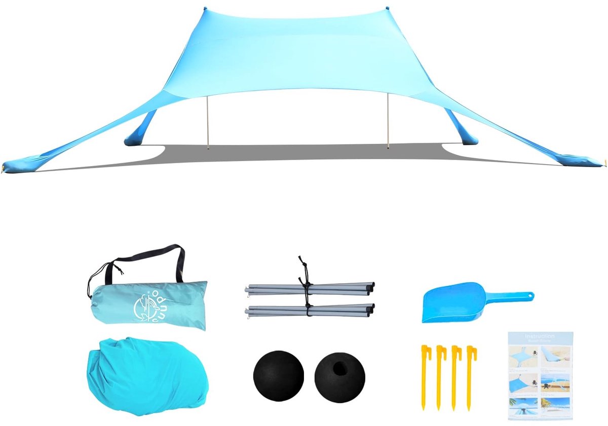 Omgoods- Strandtent UPF 50+ zonbescherming - Draagbaar - Pop-up luifel - Waterdicht - Zandzakankers - 7 × 7 FT met hoge ventilatie - Zonnescherm