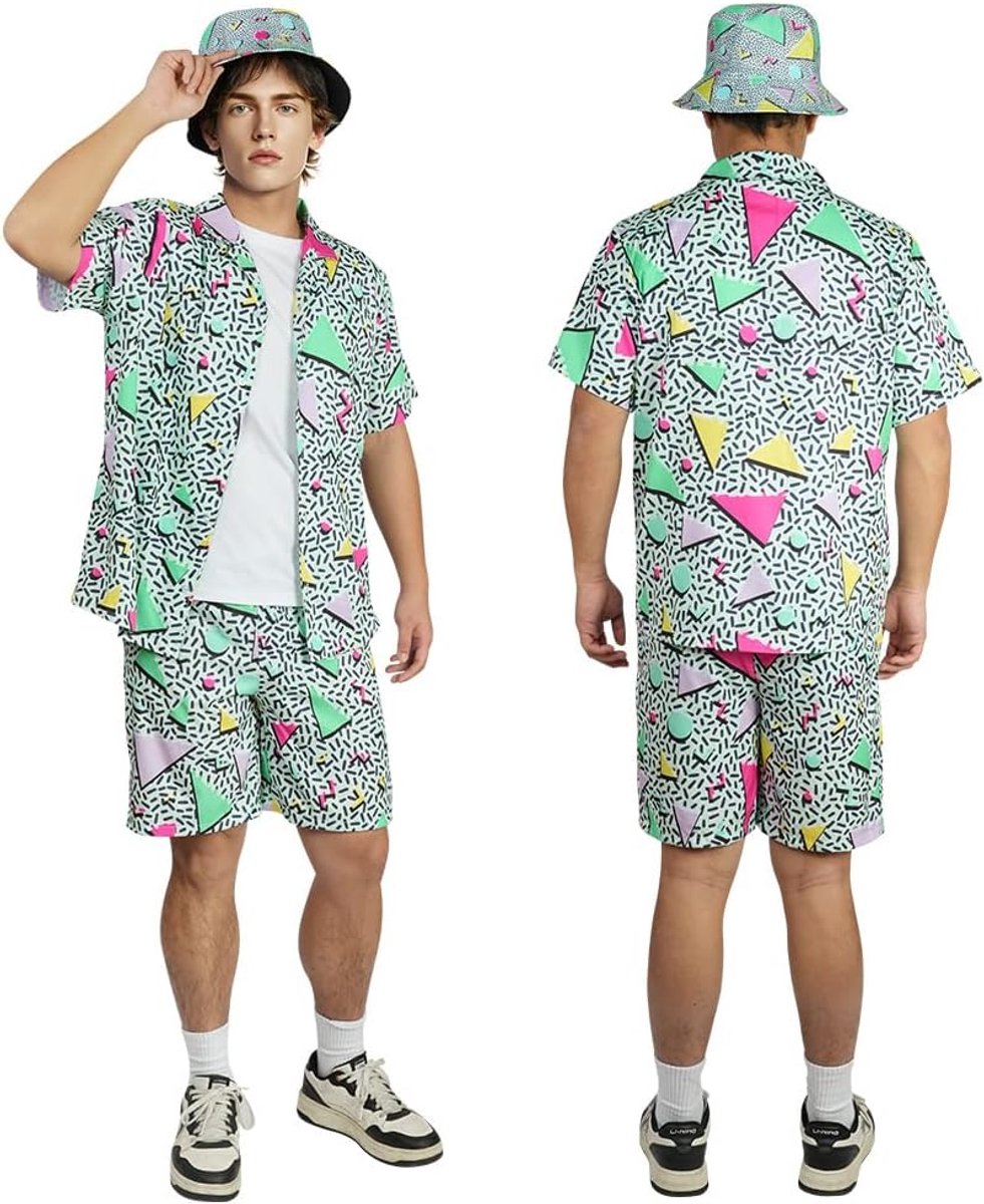 80-90-outfit, retro knoopshirts, 3-delige hiphop-kostuumset voor volwassenen, discothemafeestshirts met hoed voor strandfeest, muziekfestivals, maskerade (XL)