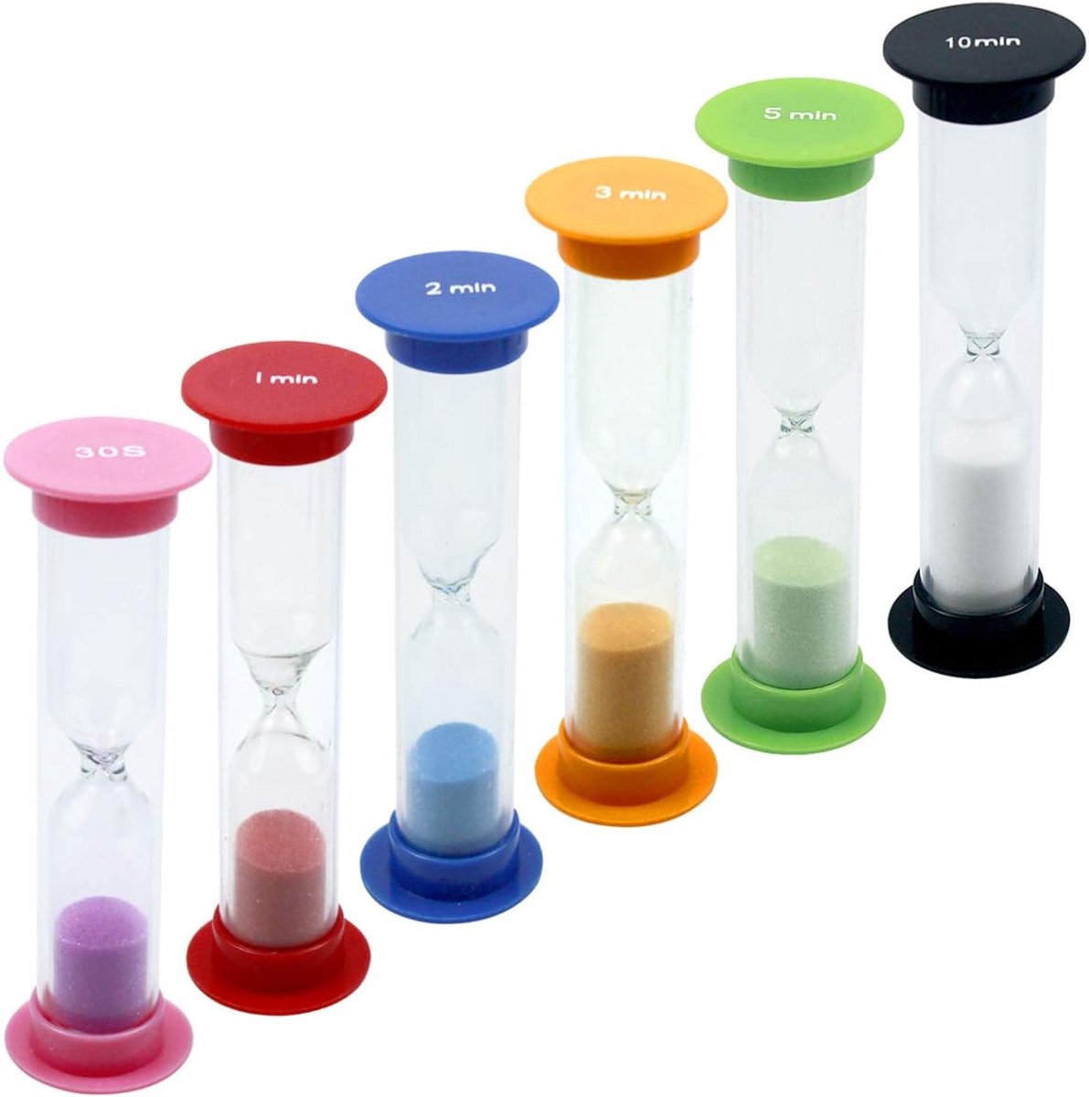Kleurrijke zandlopers, 6 stuks, 30 sec / 1 min / 2 min / 3 min / 5 min / 10 min, tandenpoetsen, zandloperspel, zandloperspel, zandloper, zandloper, zandloper, zandklok, eierwekker, korte tijd