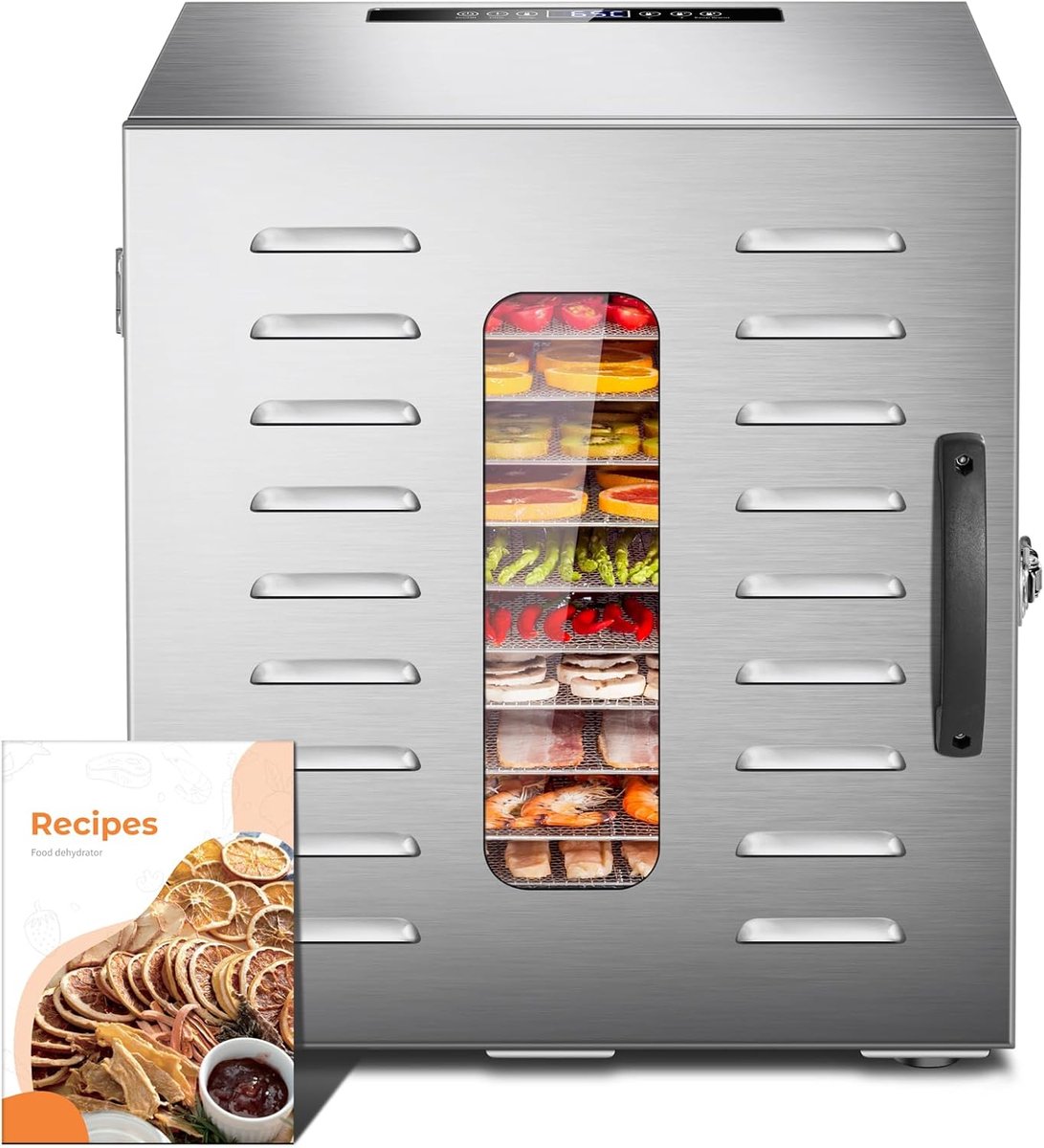 Voedseldroger, BPA-vrij, 30 ~ 90 ℃ temperatuurinstelling, max. 24 uur, fruitdroger met gratis receptenboek, droogautomaat voor fruit, groenten, vlees en chili-1000W