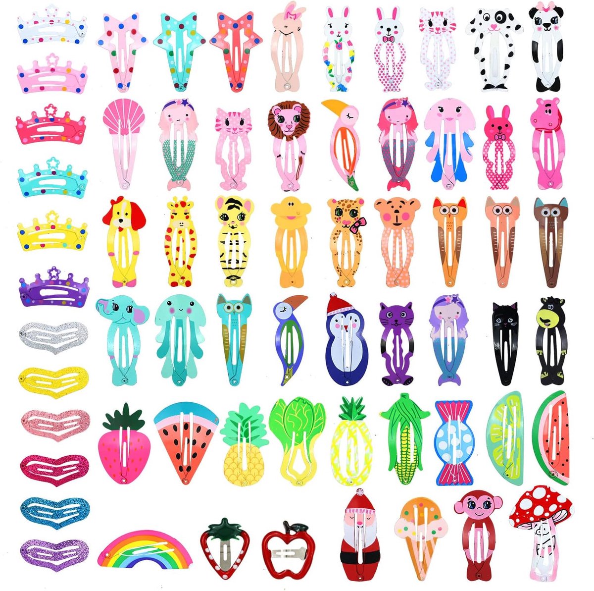 64 stuks schattig cartoon-dieren-fruitpatroon, antislip, metaal, snap haarspelden, haaraccessoires voor peuters, kinderen, tieners en kleine meisjes