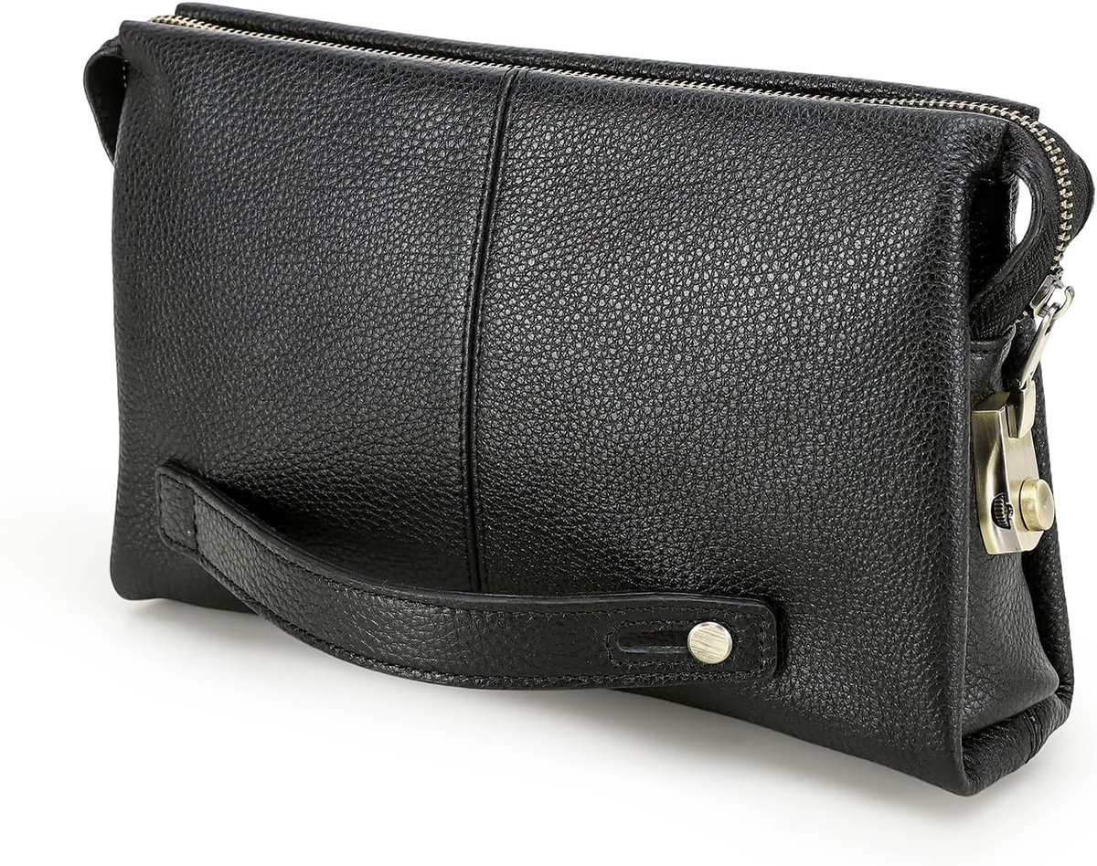 Mens Lederen ID Card Organizer Clutch voor Mannen, Grote Capaciteit met Anti-Diefstal Lock Reizen Paspoort Portemonnee Telefoon Houder Handtas met Polsband