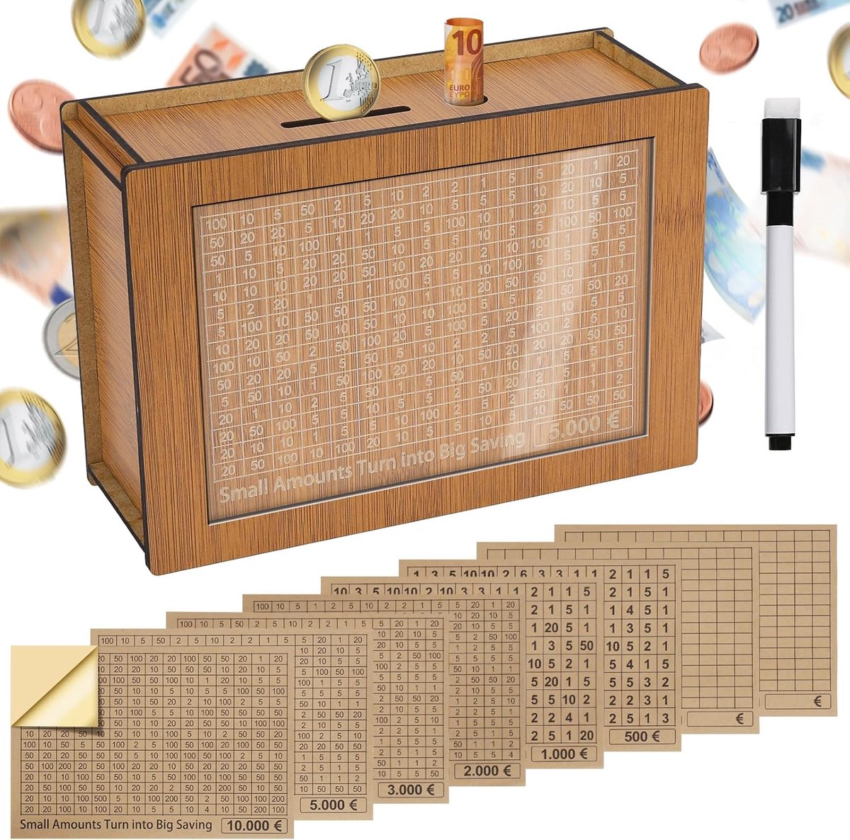 Houten Spaarpot met Stickers, Cash Spaarvarken 5000€ Herbruikbare
