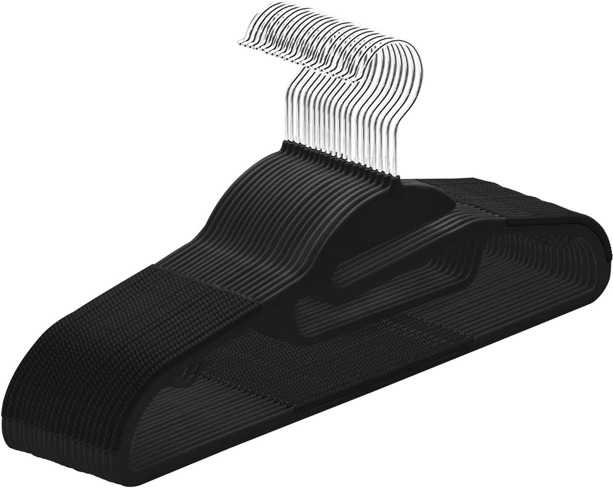 Kleerhanger van kunststof, 20-delige set, antislip, met U-vormige opening, voor nat en droog, ruimtebesparende kleerhanger met kraagdrager en 360° draaibare haak, zwart + zilver, APY0420B
