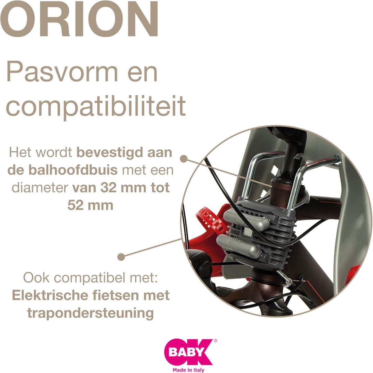 Orion - Fietsstoeltje vooraan, veilig op de fiets vanaf 7/8 Maanden (Max. draagvermogen 15 kg) - zilver en rood