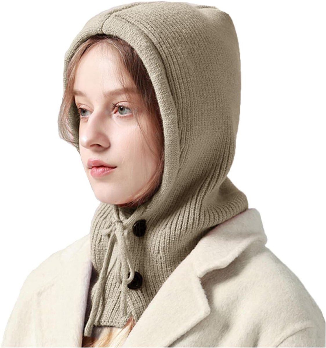 Gebreide bivakmuts voor dames, warm, wintermuts, modieus, zacht, huidvriendelijk, nekwarmer, winddichte capuchon voor dames, fietsskimasker, gebreide gezichtsafdekking voor sport in de open