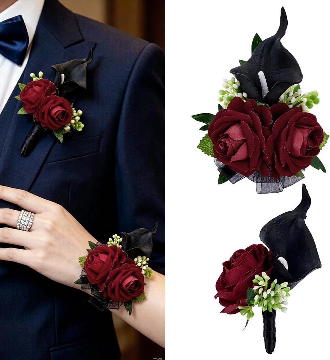 2 stuks rode rozen pols corsage en boutonniere set stof donkerrode kunstbloemen 13 cm lengte armband 13,5 cm lengte voor eindexamenfeest, bruiloft