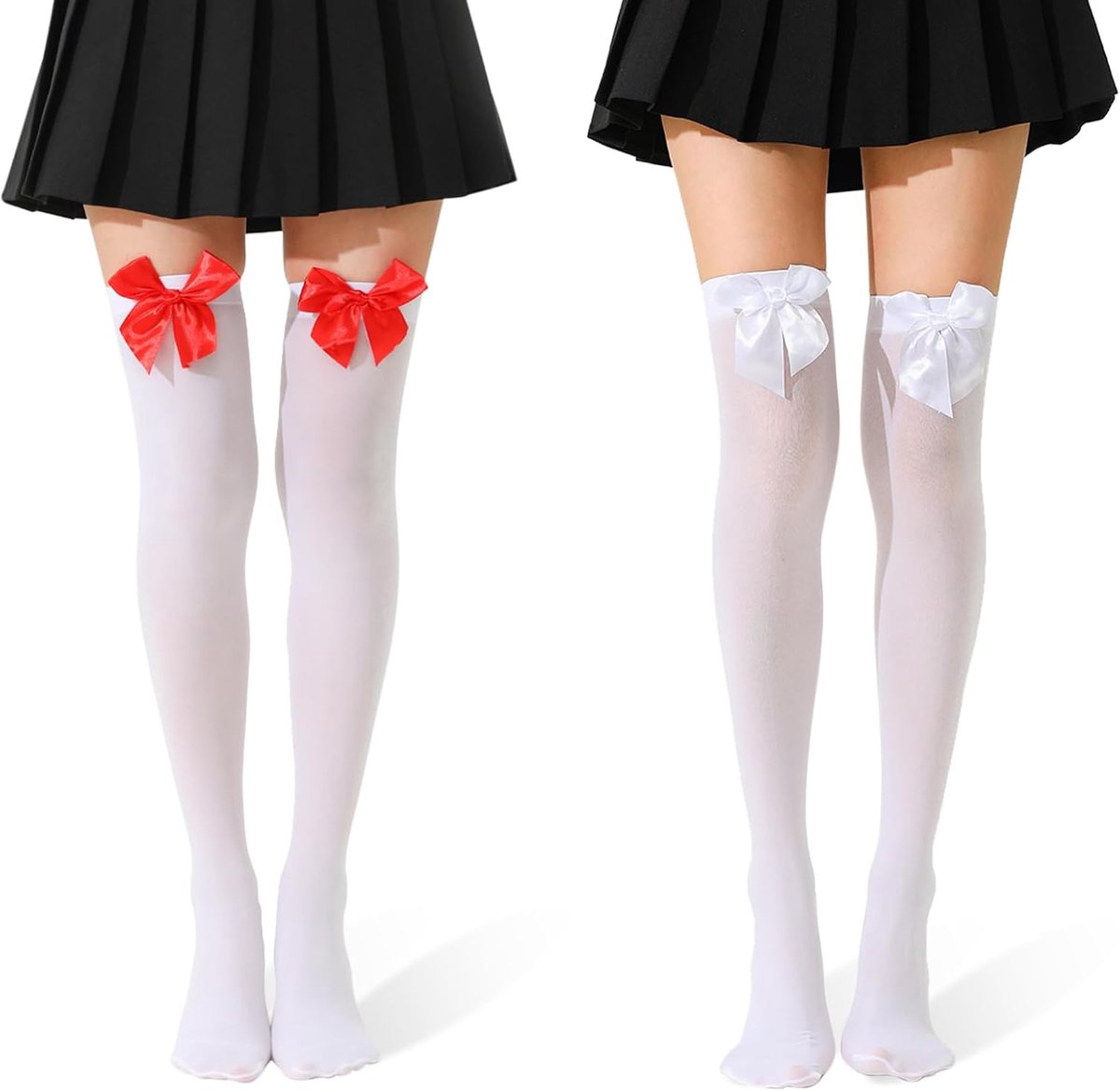 2 paar witte kousen overknee-kousen voor dames, Thigh Highs witte kniekousen, panty's met rode strik en witte strik voor carnaval, kostuum, Valentijnsdag, Halloween, Kerstmis, themafeest