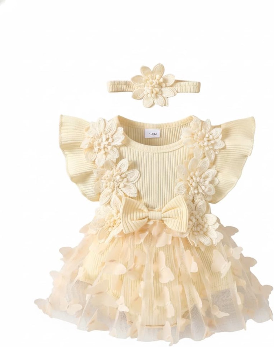 Geribbelde strandjurk voor babymeisjes, met 3D-vlinder en tule, bijpassende hoofdband