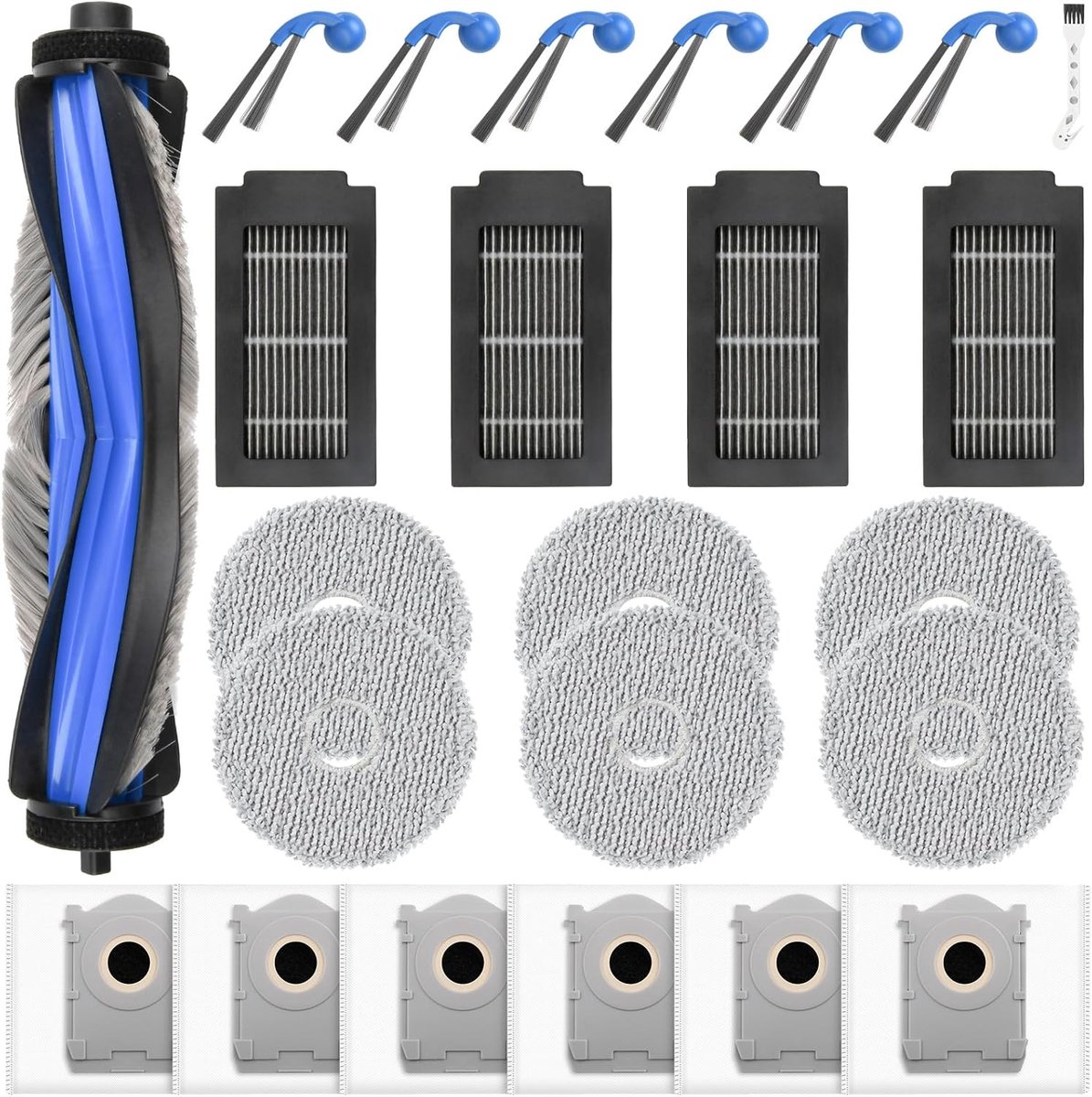 Pakket van 24 accessoires voor Ecovacs Deebot T30C Omni Gen2 / T30C Omni robotstofzuiger met veegfunctie, vervangende onderdelen, 6 stofzakken, 6 dweilpads, 6 zijborstels, 4 filters, 1 hoofdborstel, 1