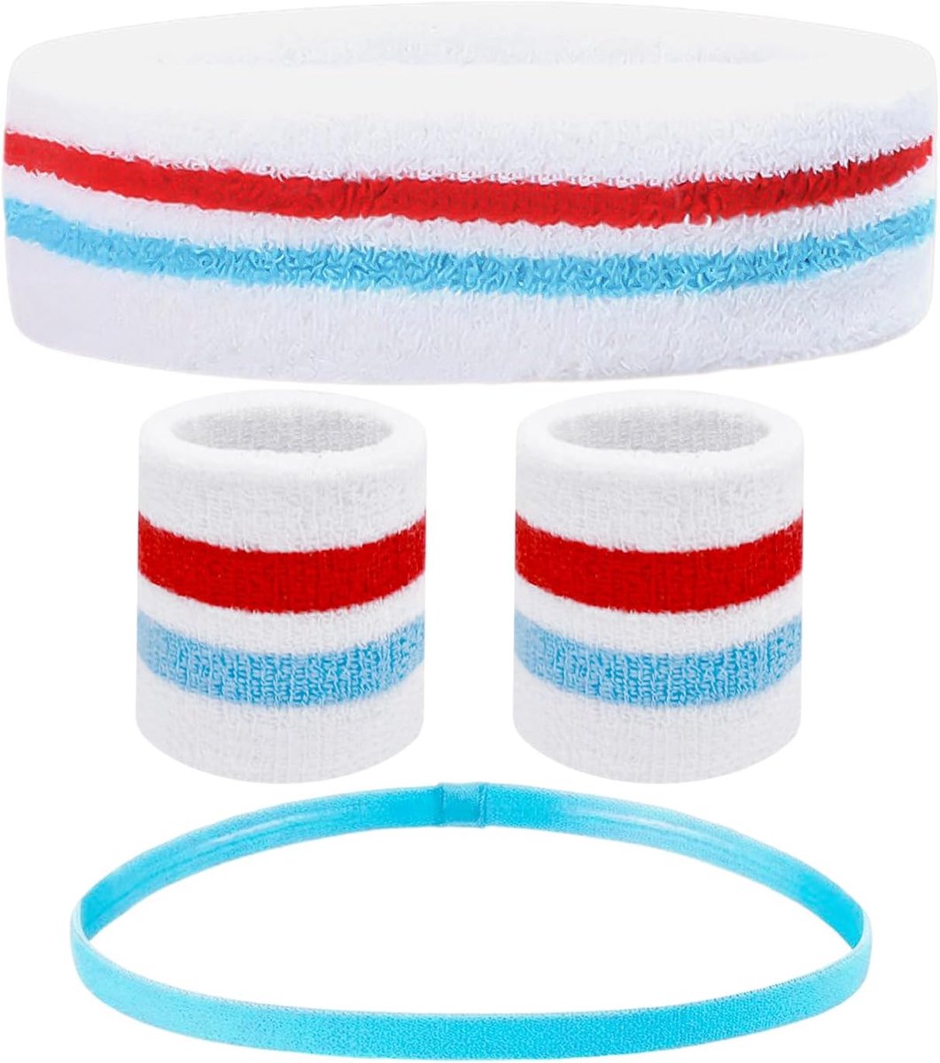 4-delige hoofdband en armbandset, gestreepte zweetband, zweetabsorberende sportarmband, gekleurde hoofdband, elastische zweetband, sporthoofdband, geschikt voor sport en fitness