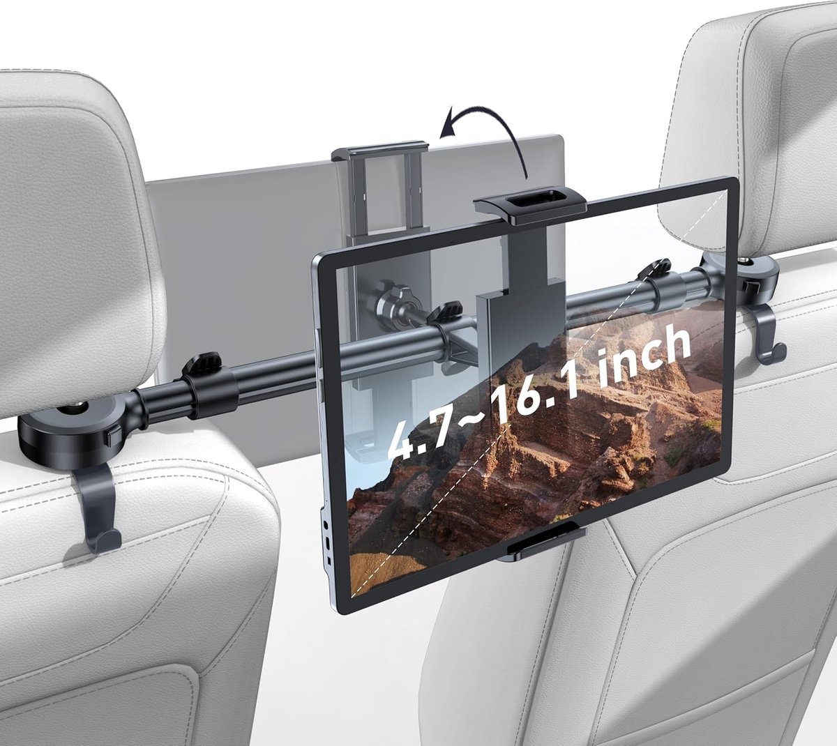 Hoofdsteun Tablet Houder Auto, Kantelbaar Voor- en Achterover, met 2 Haken, Geschikt voor iPad, Draagbare Monitor, Samsung Tab, Switch, Smartphones en Apparaten van 4,7-16,1 Inch