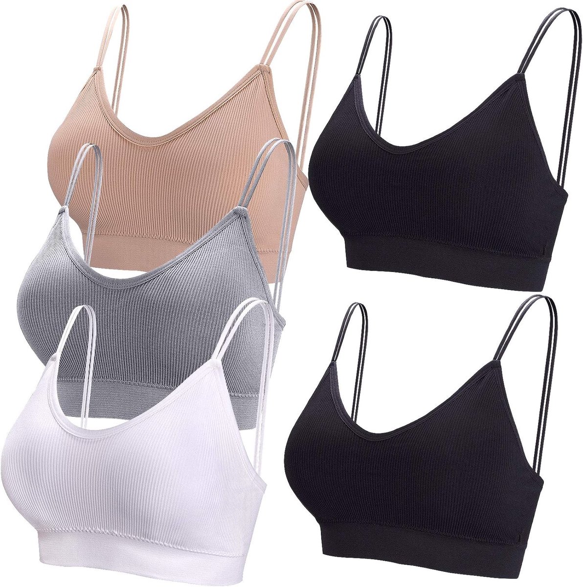 5 stuks bralette, V-hals cami top beha, bralette dames, slaapbeha, voor vrouwen en meisjes, wit, zwart, beige, grijs, XXL