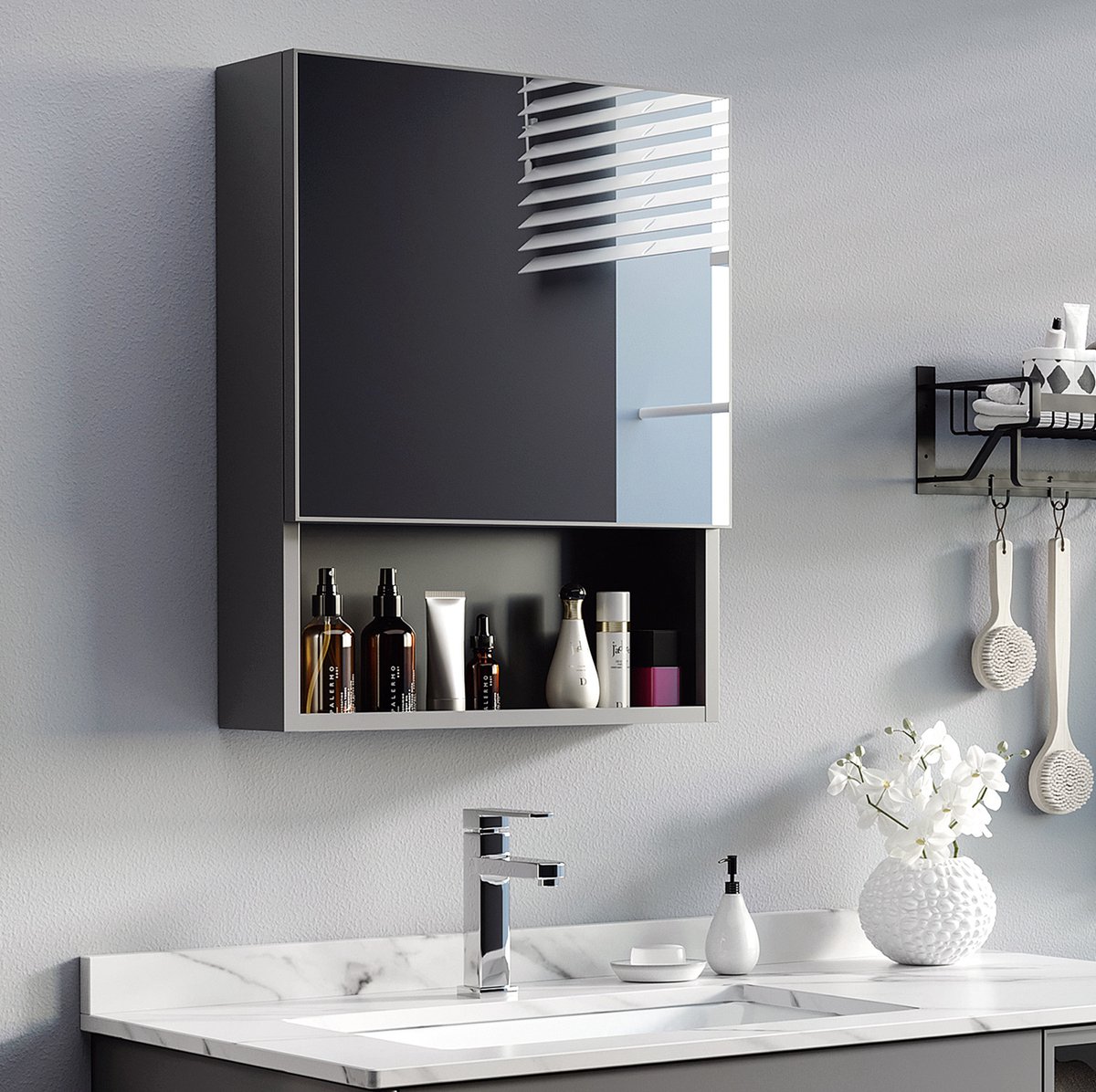 COVREO Spiegelschrank 46 x 13,5 x 58 cm, zwart, staal, wandmontage