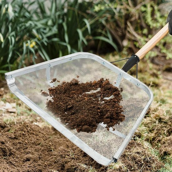 Zandzeef, tuin, zandzeef, schep, aardezeef, metalen schep, boerderijschep, tuinzeef, afdruiprek, fijne zeef, tuingereedschap, robuust, gemakkelijk te grijpen zeefschep — afbeelding 3