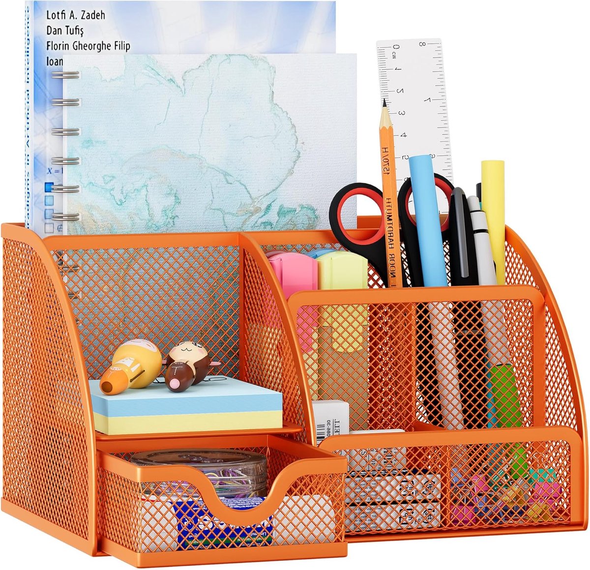 SnelShoppen - Office Mesh Bureau Organizer - Multifunctionele Stationery Opslag - Pennenhouder met Lade - Oranje - Metaal Gaas - Bureau - Notitieblaad