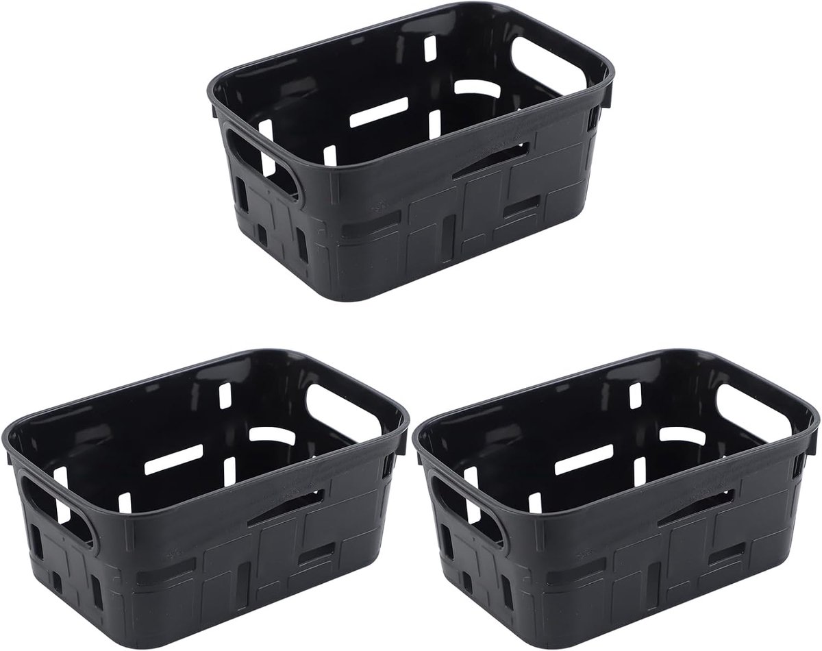 SnelShoppen - Set van 3 Plastic Opbergdozen, 19.5 x 12.5 x 8 cm, Organiser voor Badkamer en Keuken, Zwart, Ideaal voor Cosmetica, Toiletten, Kantoorbe