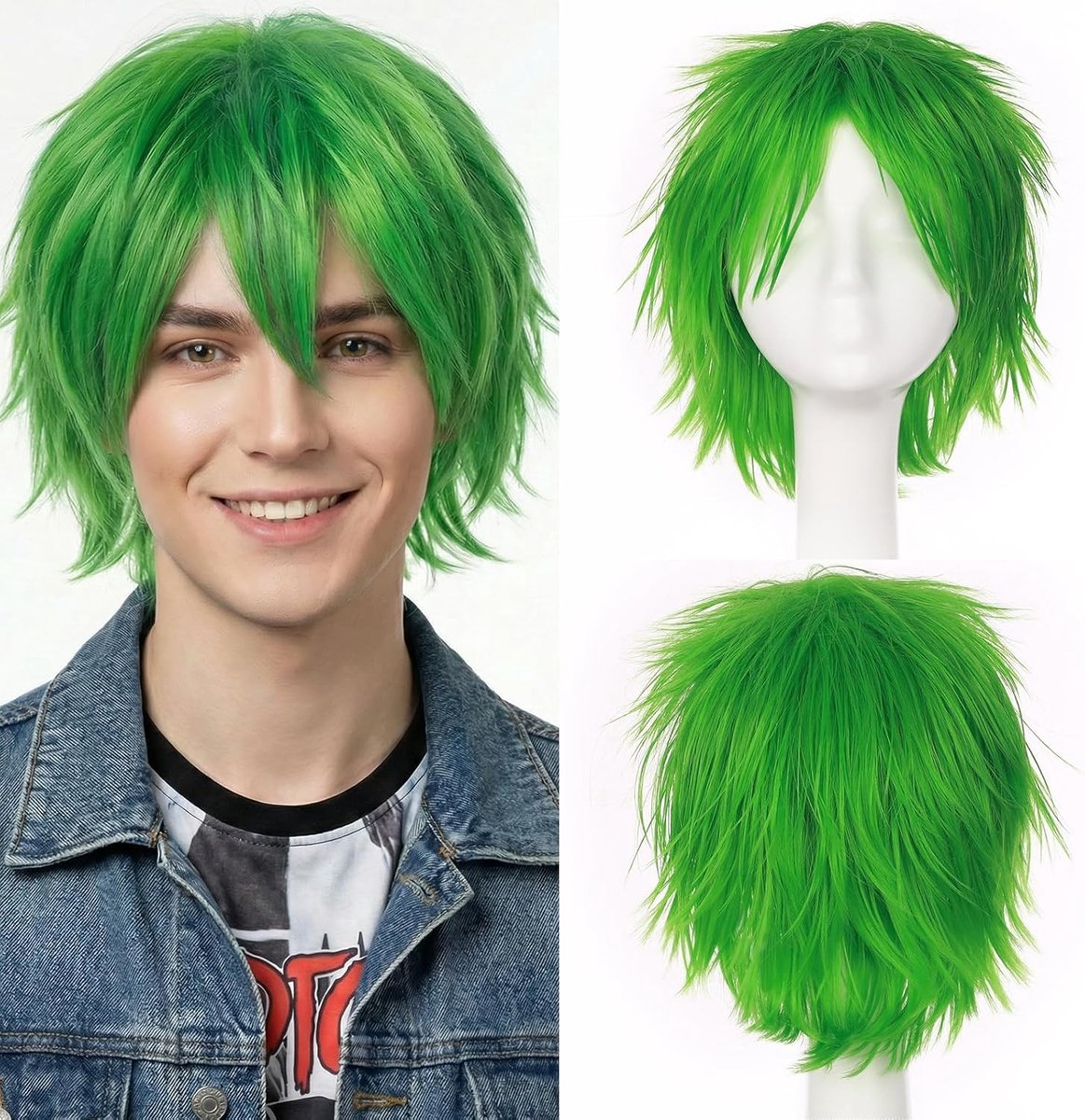 Unisex Korte Glad Cosplay Peruk voor Anime Kostuum, Feest en Halloween - Groene Haarstijl voor Mannen en Vrouwen