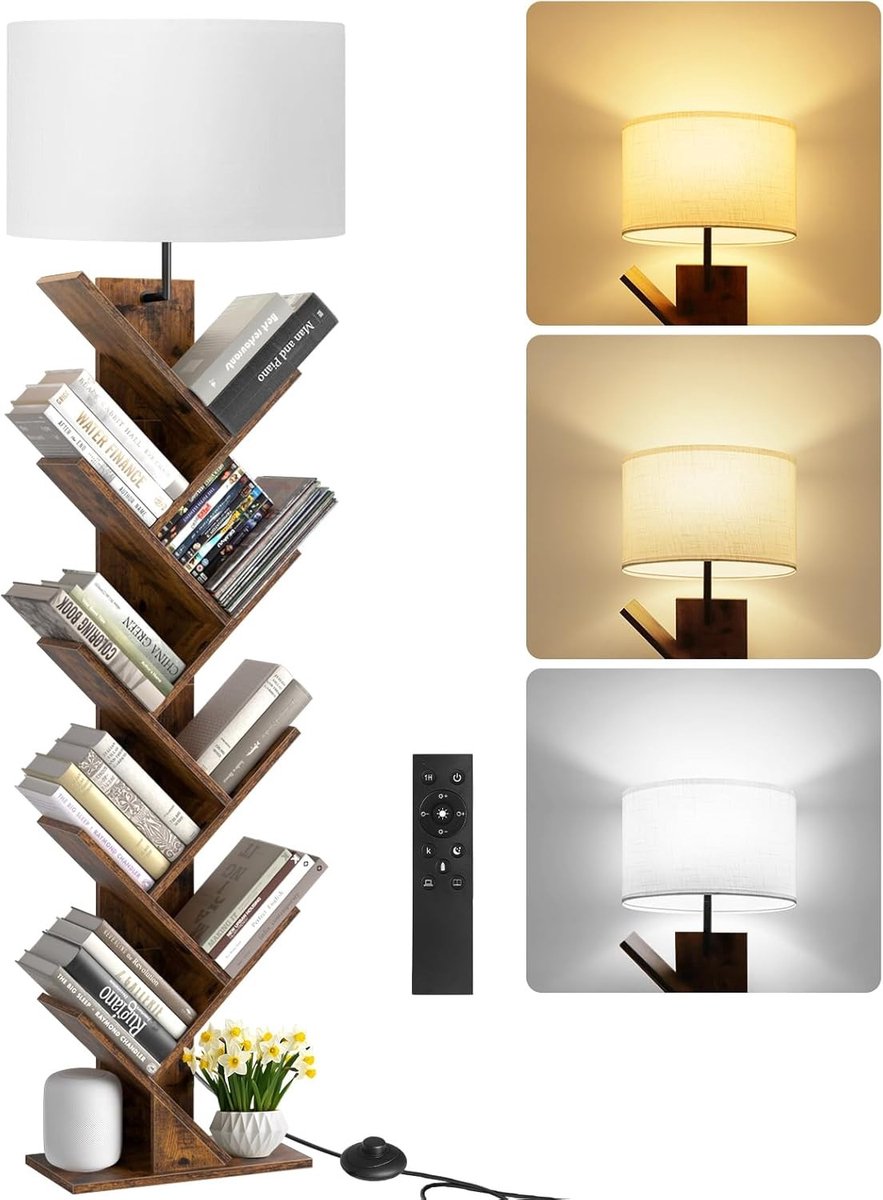 Boekenkast in Boomvorm met Verlichting, 9 Laags Hoekrek, Smalle Houten Staande Plank voor Boeken, CD's en DVD's, Ideaal voor Woonkamer, Kinderkamer en Kantoor