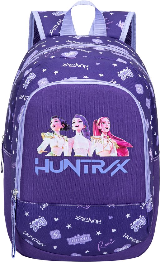 Paarse rugzak met op de voorkant een print van Rumi, Mira en Zoey in Kpop Demon Hunters outfit, met het HUNTR/X logo.