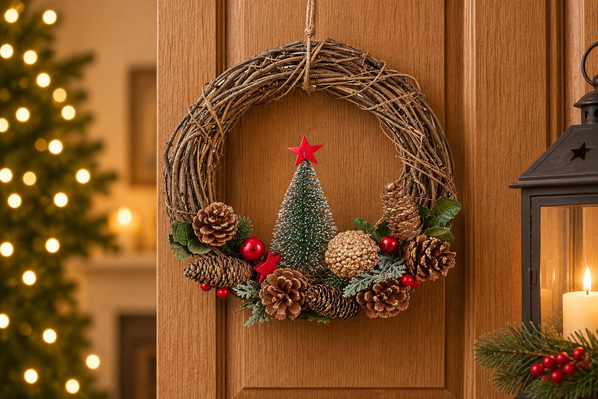 Rotan Kerstkrans Ø 30 x 8 cm – Ronde Deurkrans met Kerstboom, Dennenappels en Sneeuw – Kerstdecoratie voor Binnen en Buiten – Rood, Groen en Naturel – foto 4