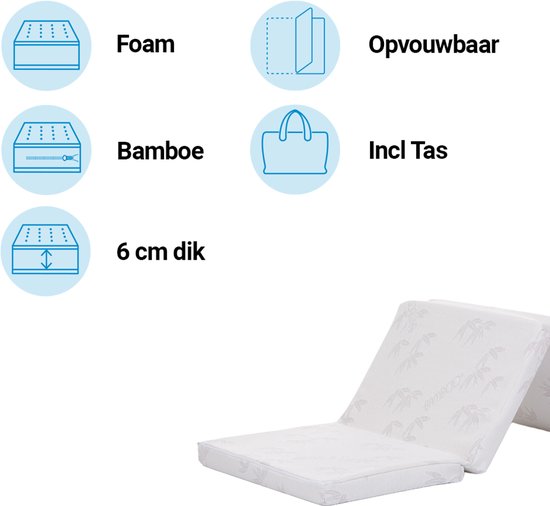 Uitgevouwen wit matras met bamboe-print. Het matras is 6 cm dik en opvouwbaar.