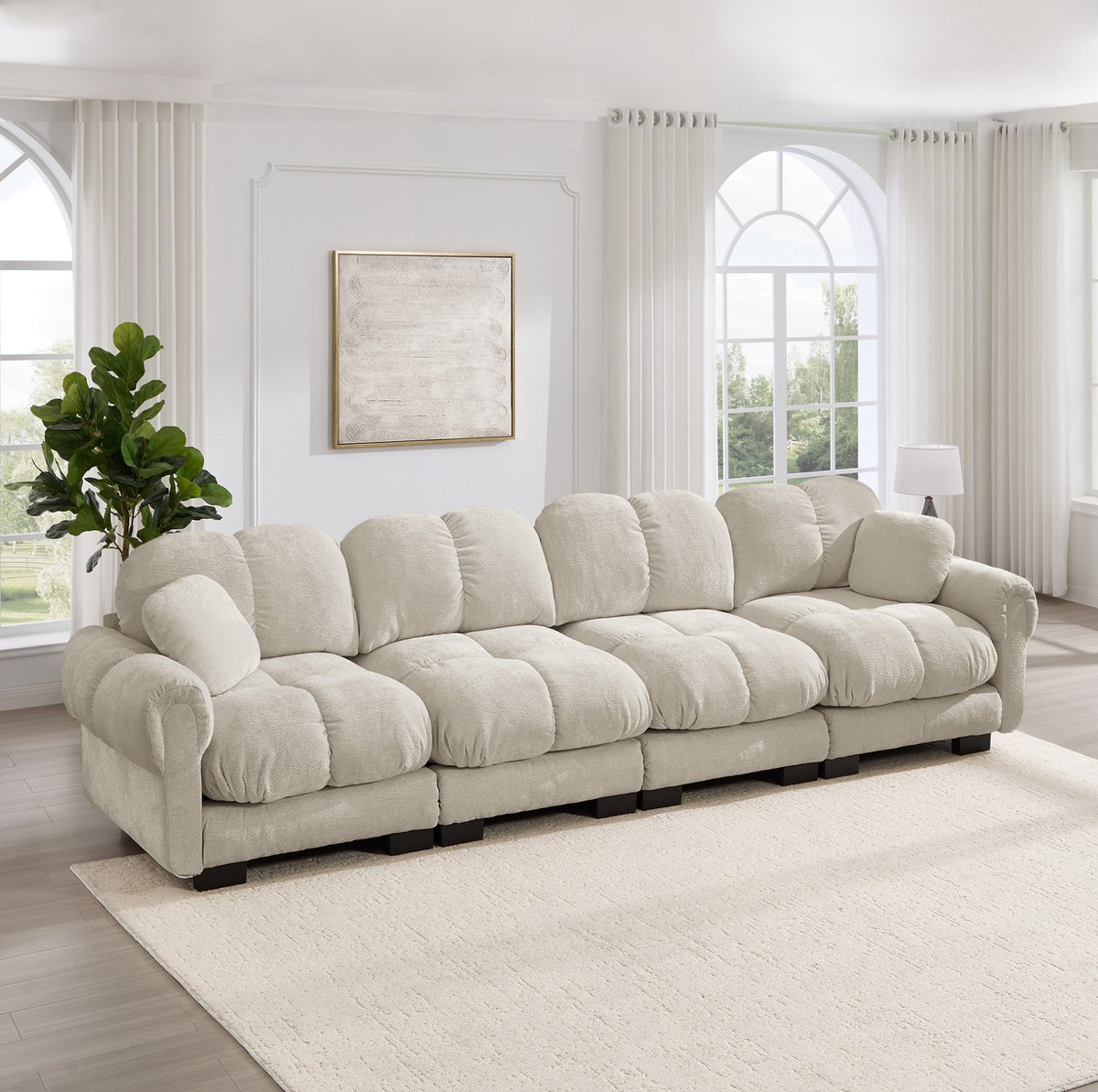 OKWISH Zitbank 330 Cm - 4-Zits Modulaire Bank Met Gewatteerde Kussens En Gebogen Armleuningen - Woonkamer - Chenille - Licht Khaki
