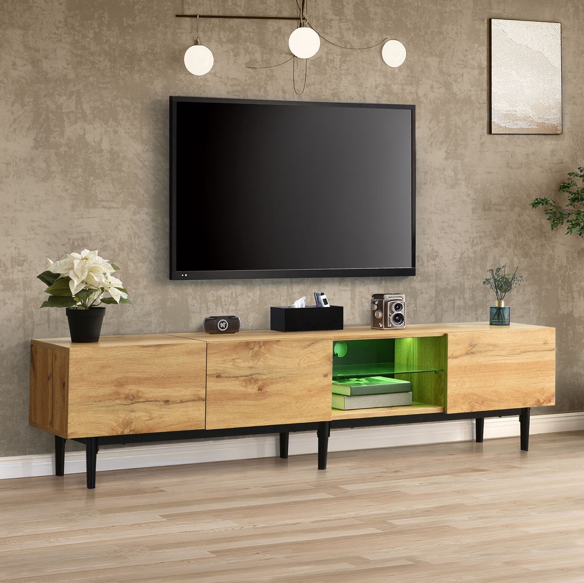 COVREO Tv meubel 175x31x41 cm light oak, MDF met LED en 3 opbergvakken