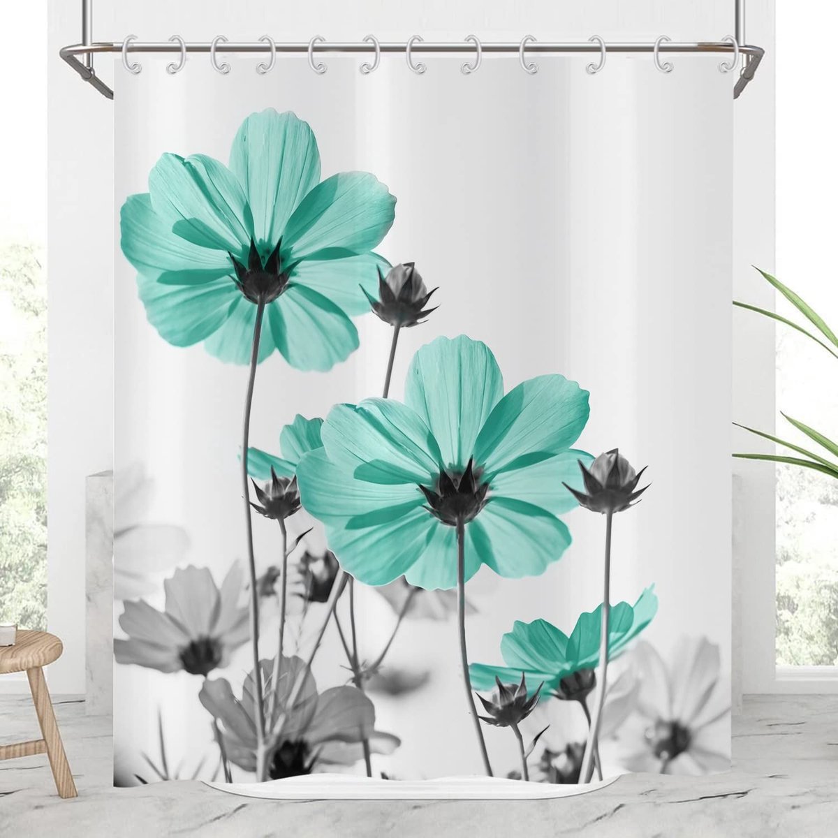 Omgoods - Bloemen Douchegordijn 180x180 - Elegant Teal en Grijs Bloemendesign