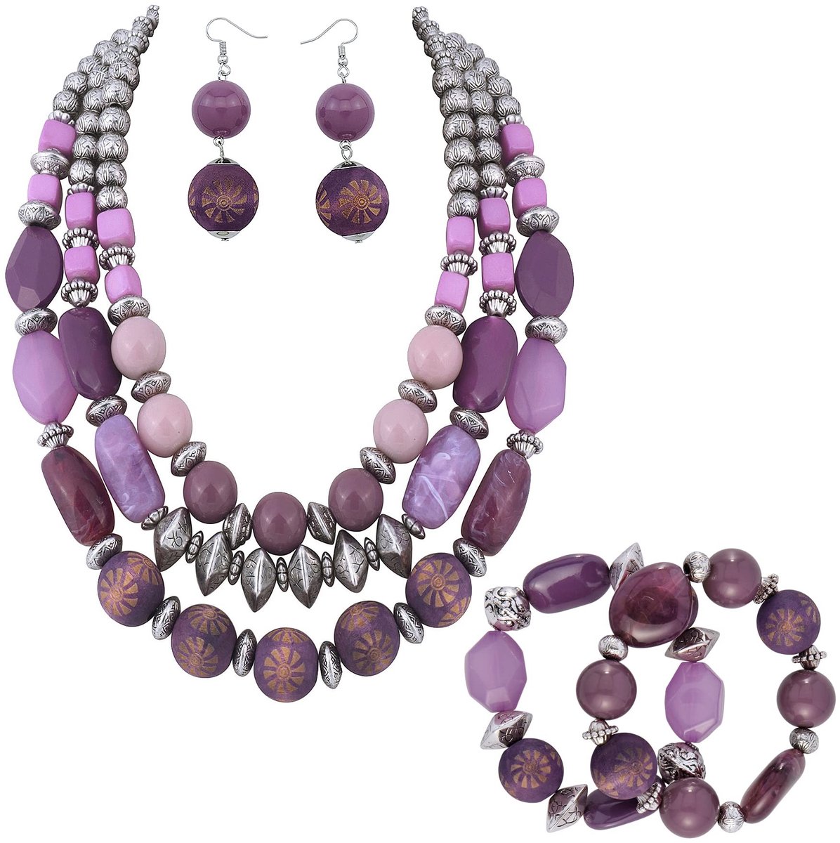 Omgoods - 3 Laags Kralen Halsketting Set met Oorbellen