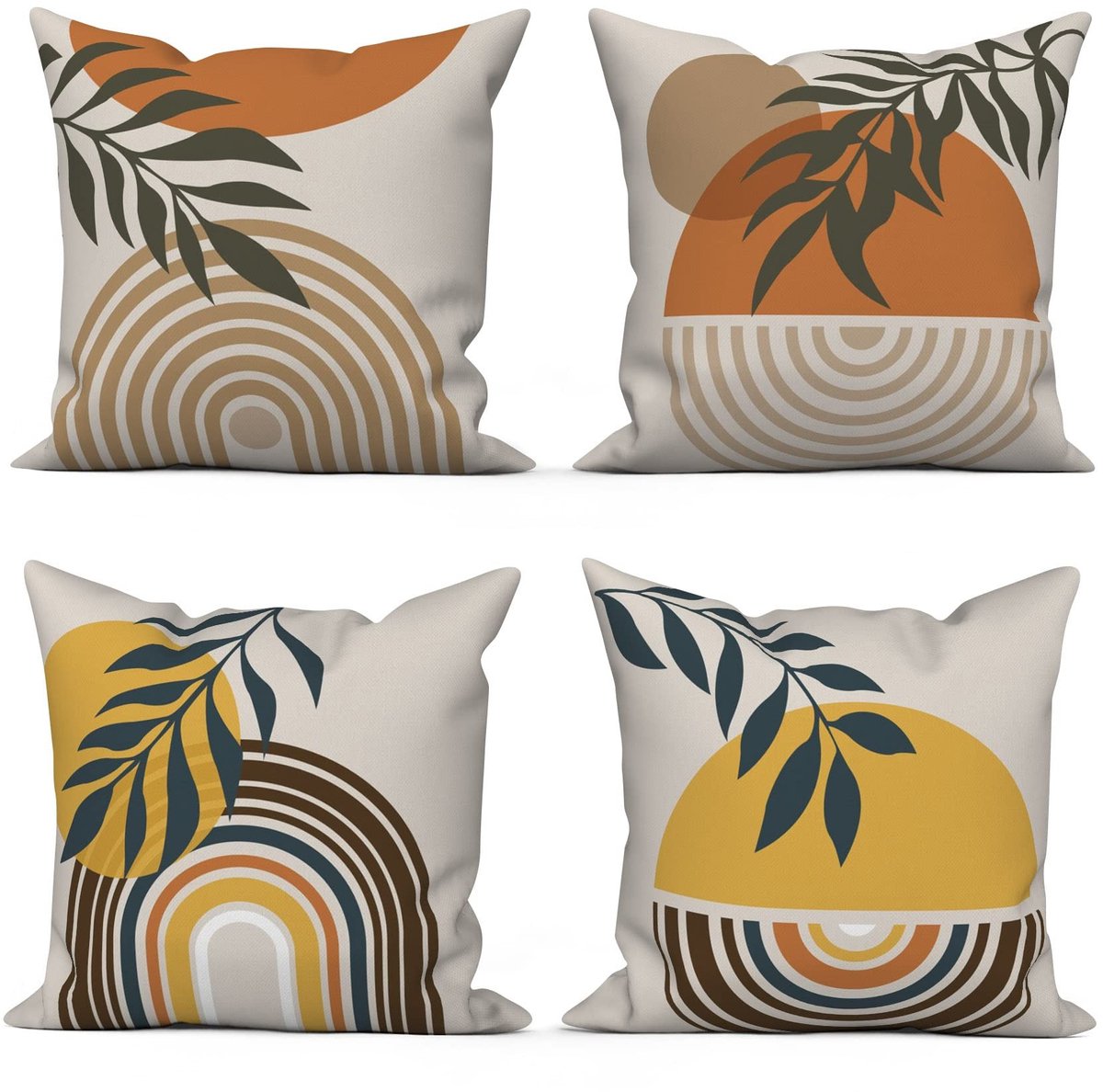Omgoods - Set van 4 Kussenhoezen 45 x 45 cm met Bohemian Bladeren en Zon